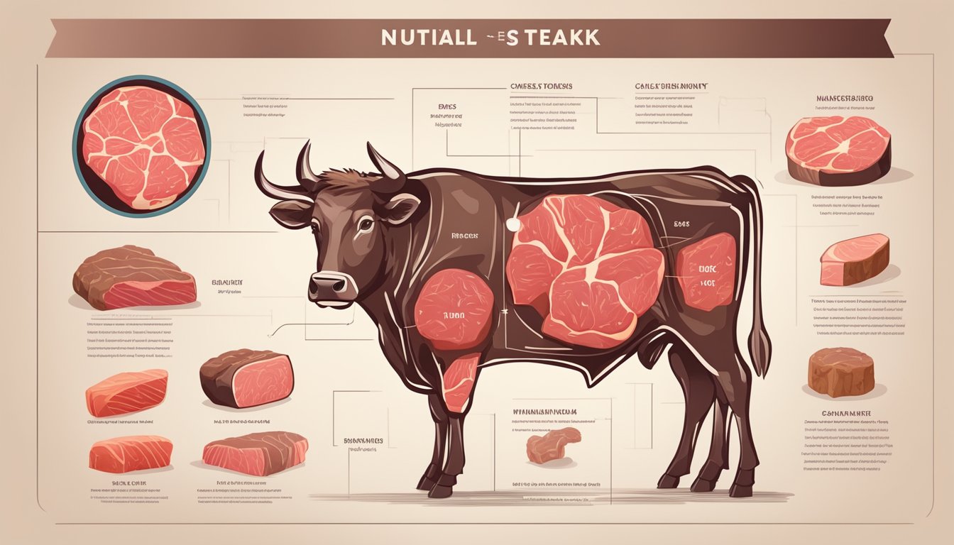 A juicy steak surrounded by various cuts of beef, with a chart showing the nutritional value of beef in the background