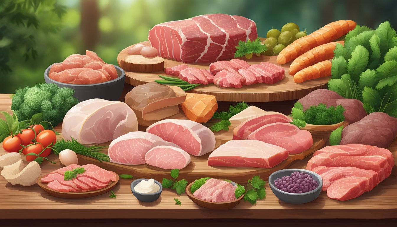 A variety of raw meats and animal products arranged on a wooden table, surrounded by lush greenery and natural elements