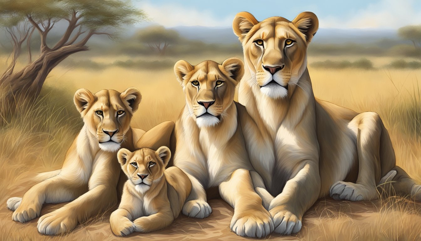 A mother lioness nursing her cubs in the savannah