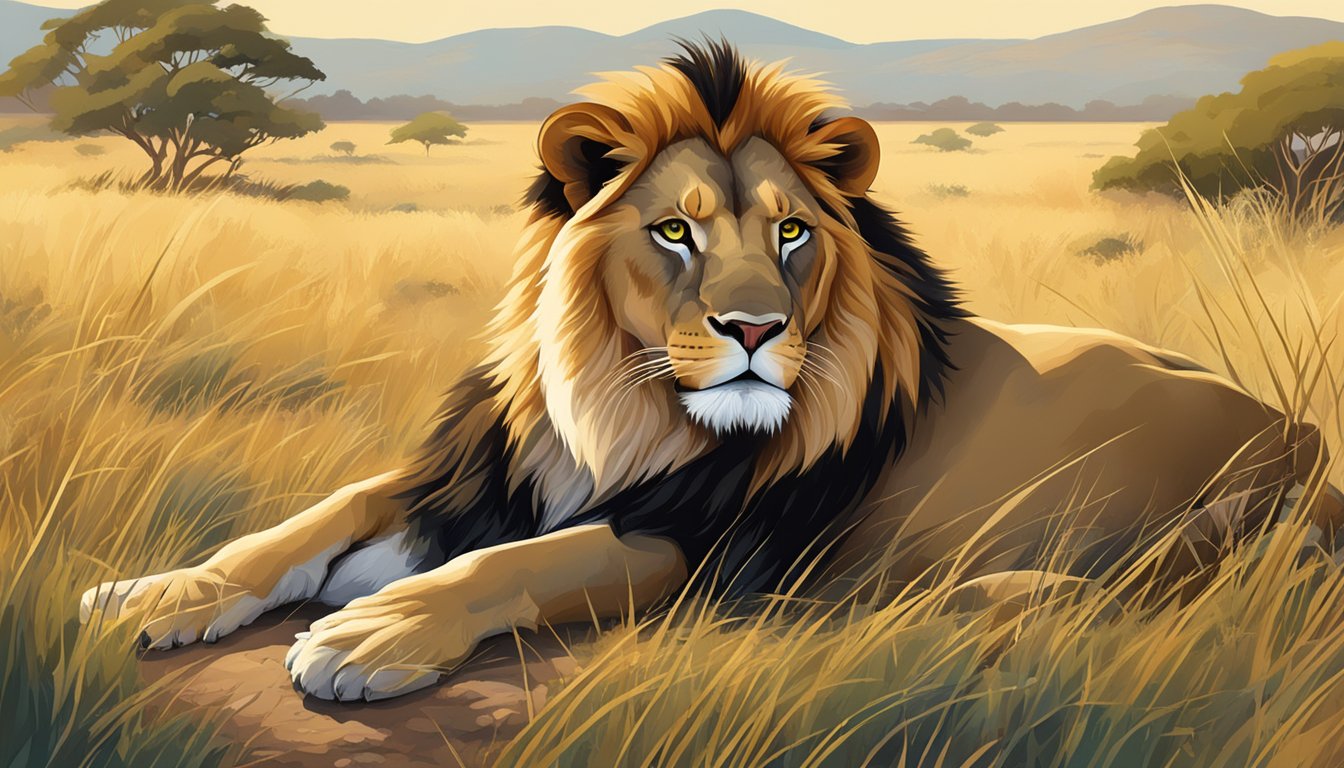 A lion lounging in a lush savanna, surrounded by fresh kill, with a clear, radiant complexion