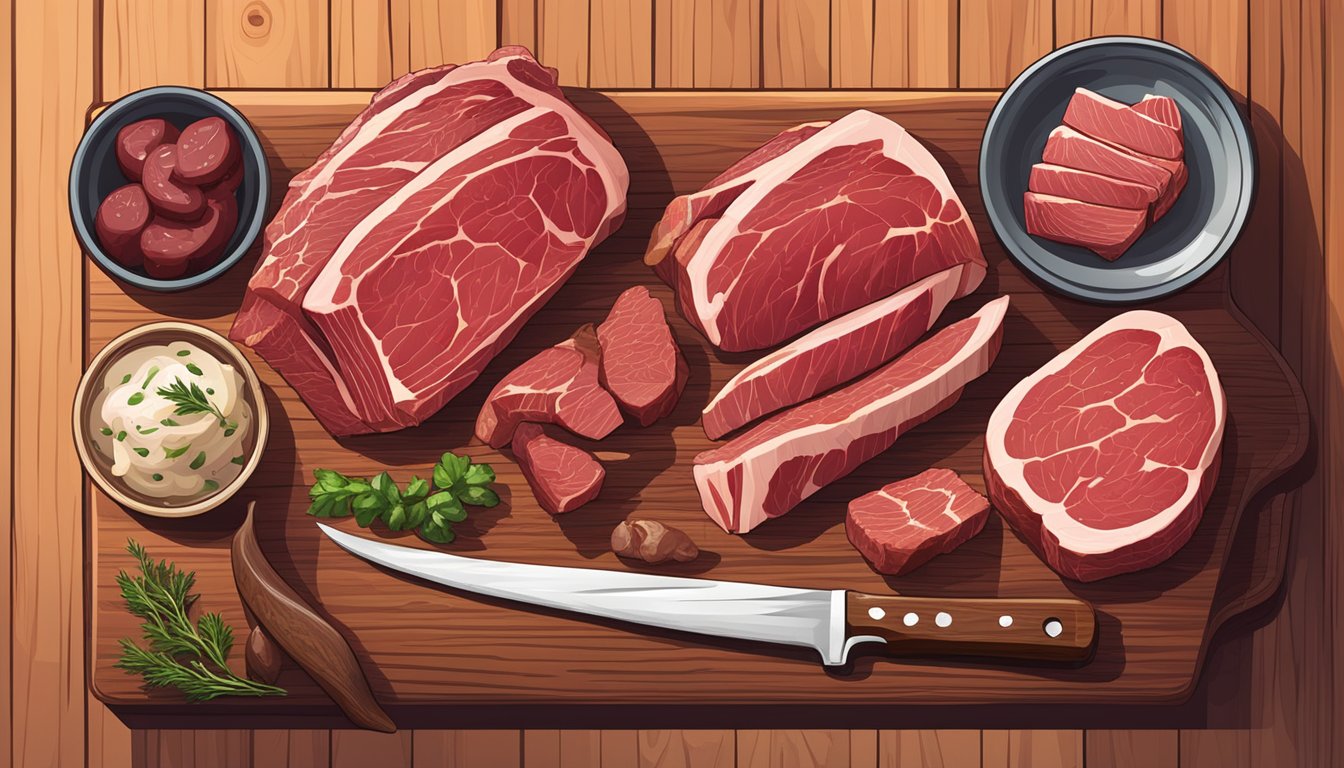 A variety of beef cuts, including ribeye, sirloin, and brisket, arranged on a wooden cutting board with a sharp knife beside them