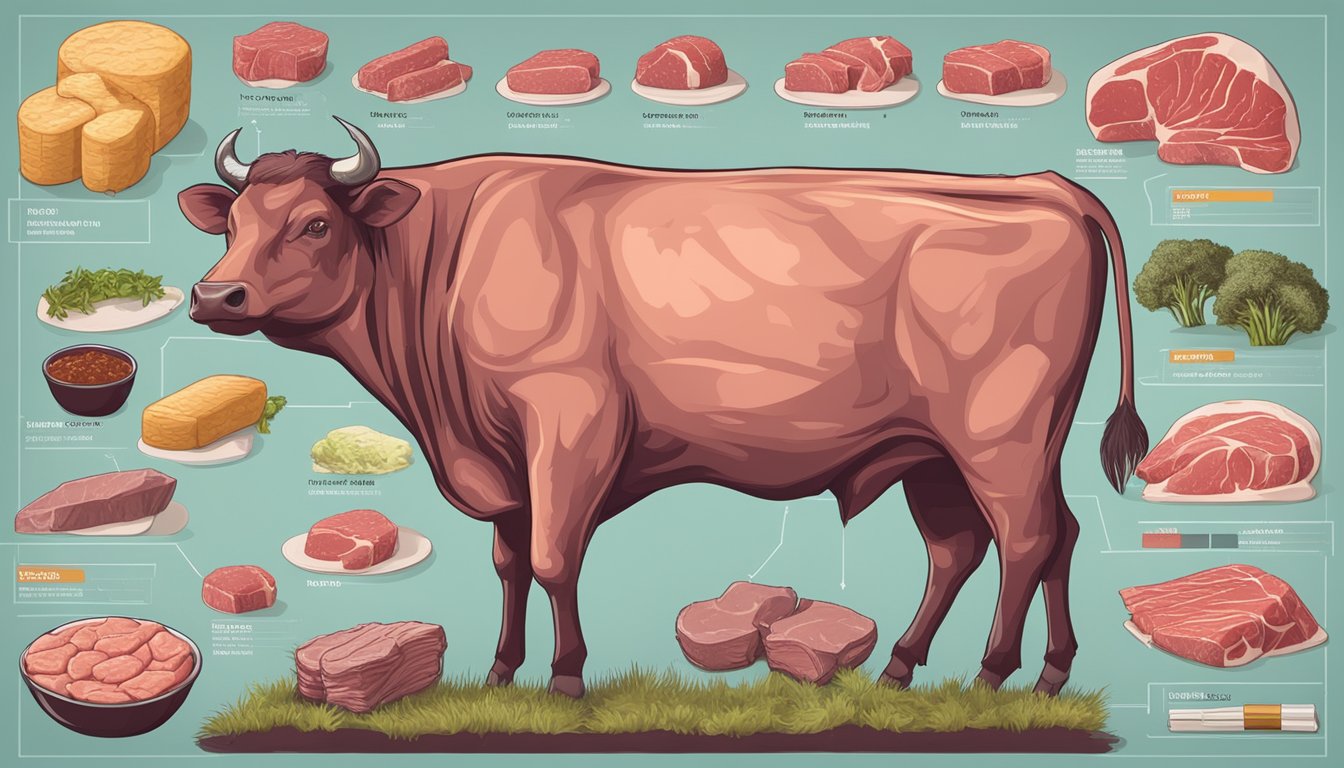 A carnivorous animal surrounded by various cuts of beef, with a nutritional value chart in the background