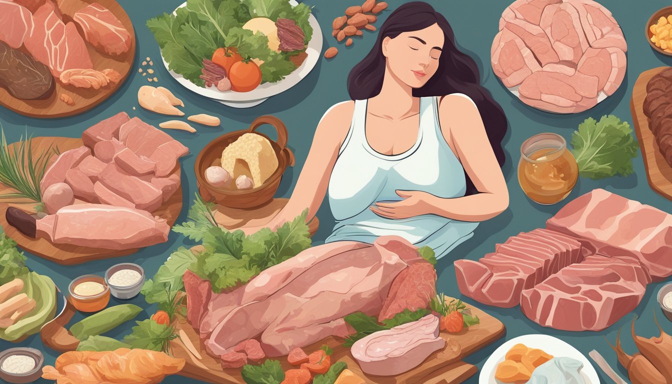 A mother breastfeeding while surrounded by a variety of fresh meats and animal products, emphasizing the importance of a nutrient-rich carnivore diet during breastfeeding