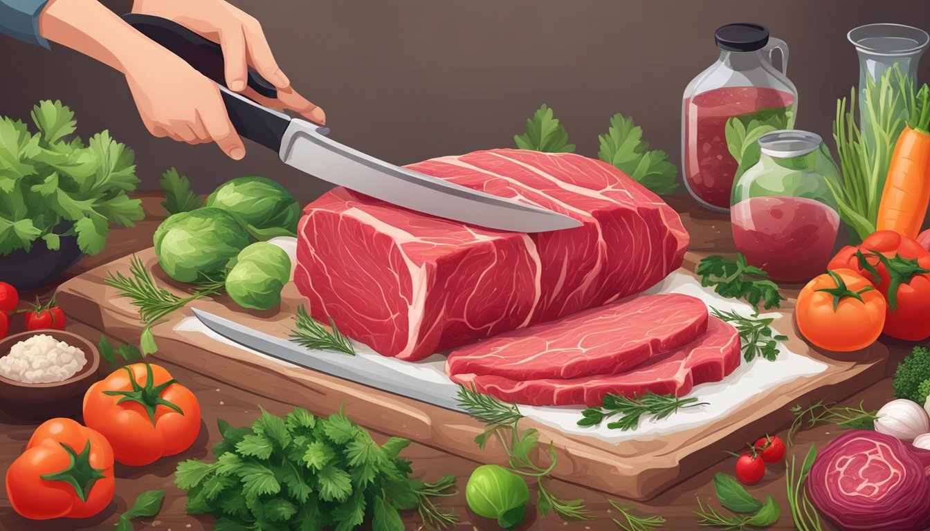 A butcher slicing raw beef, surrounded by fresh vegetables and herbs