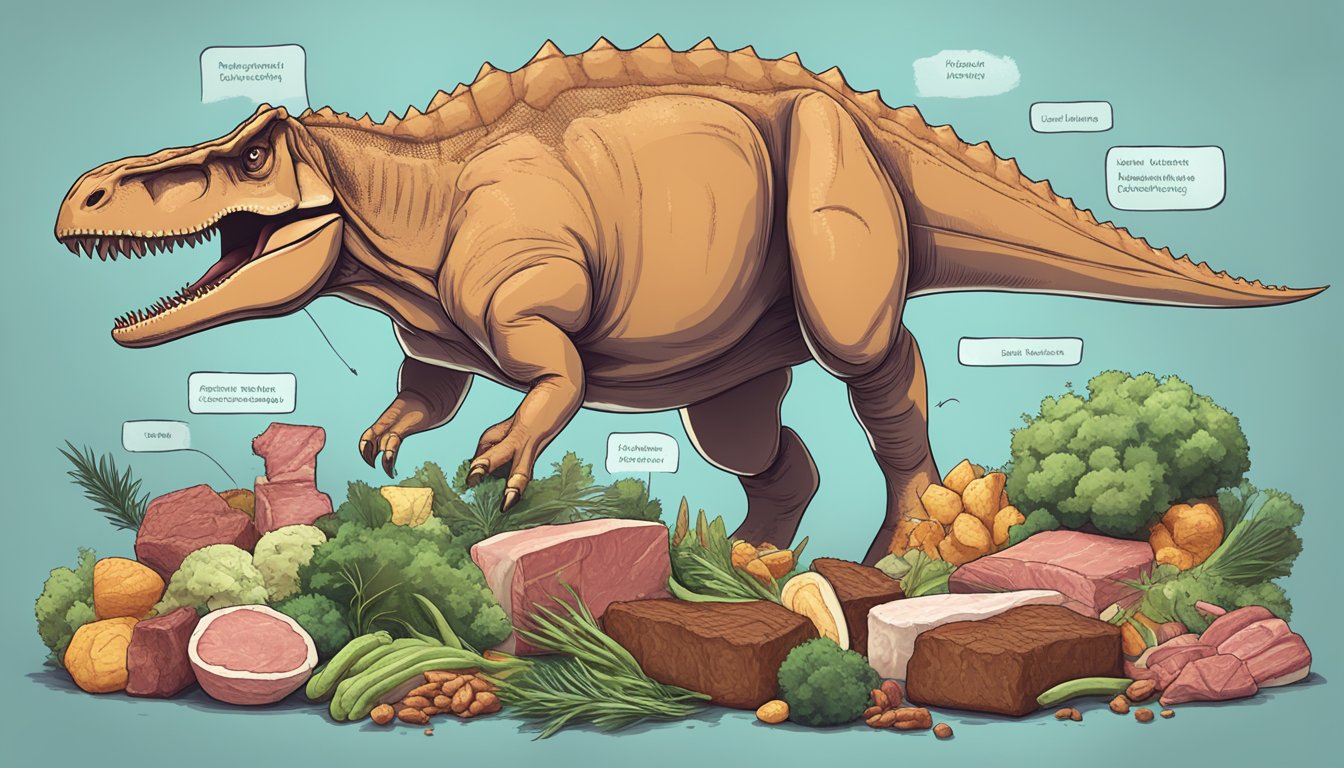 A carnivorous dinosaur surrounded by various cuts of beef, with a nutrition label and common misconceptions about the carnivore diet floating around it