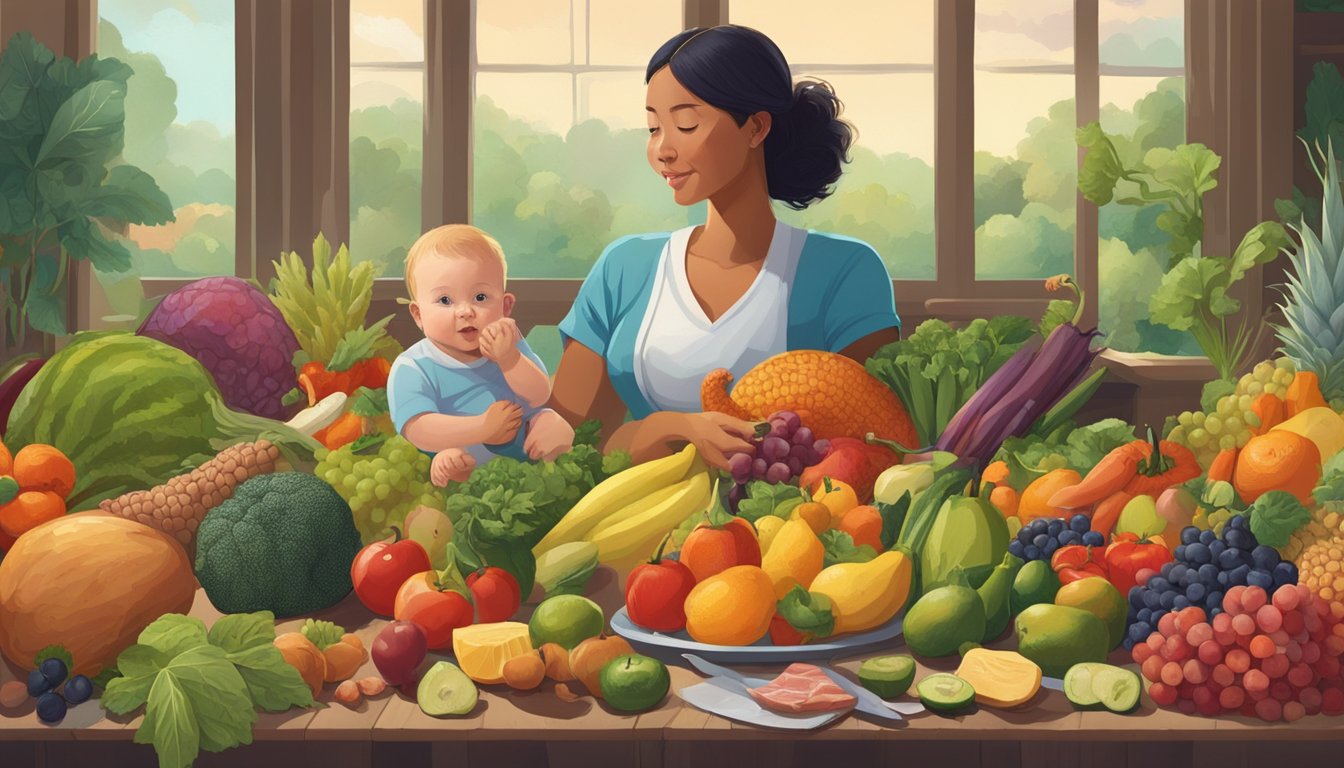 A variety of fruits, vegetables, and meats arranged on a table, with a motherly figure nursing a baby, surrounded by carnivorous animals