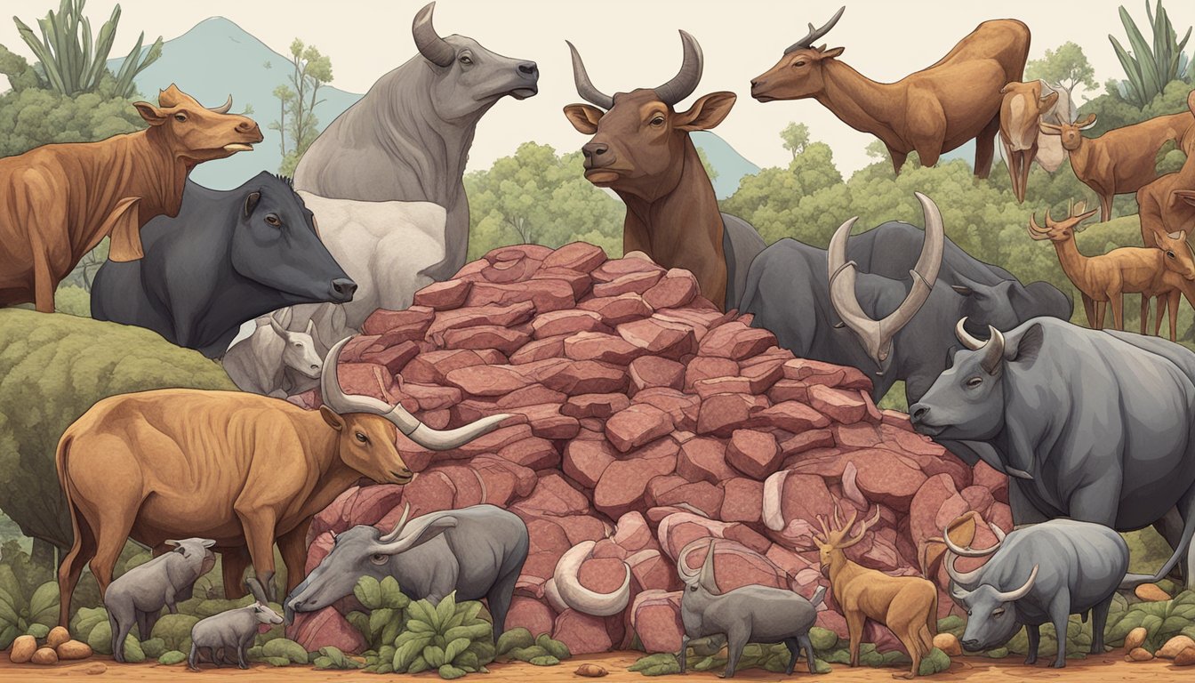 A group of carnivorous animals gather around a large pile of beef, symbolizing the nutritional value and sense of community in a carnivore diet