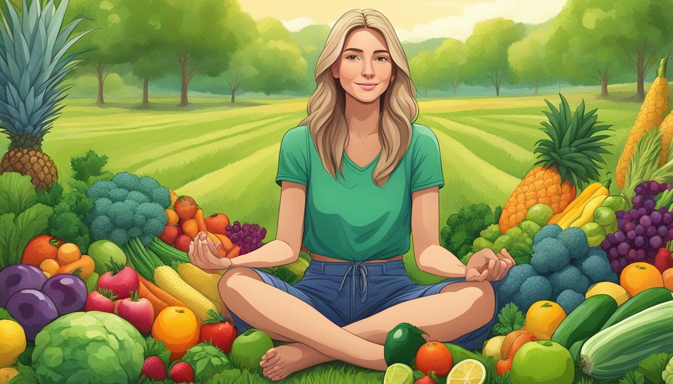 A woman sitting cross-legged in a lush, green field, surrounded by a variety of fresh, colorful fruits and vegetables, with a serene expression on her face