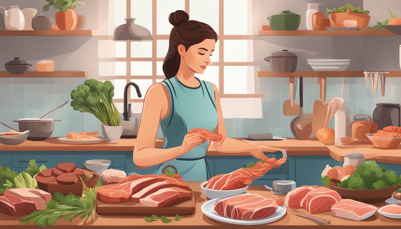 A woman preparing and enjoying a variety of fresh, high-quality meats and animal products as part of her anti-inflammatory and autoimmune-supporting carnivore diet