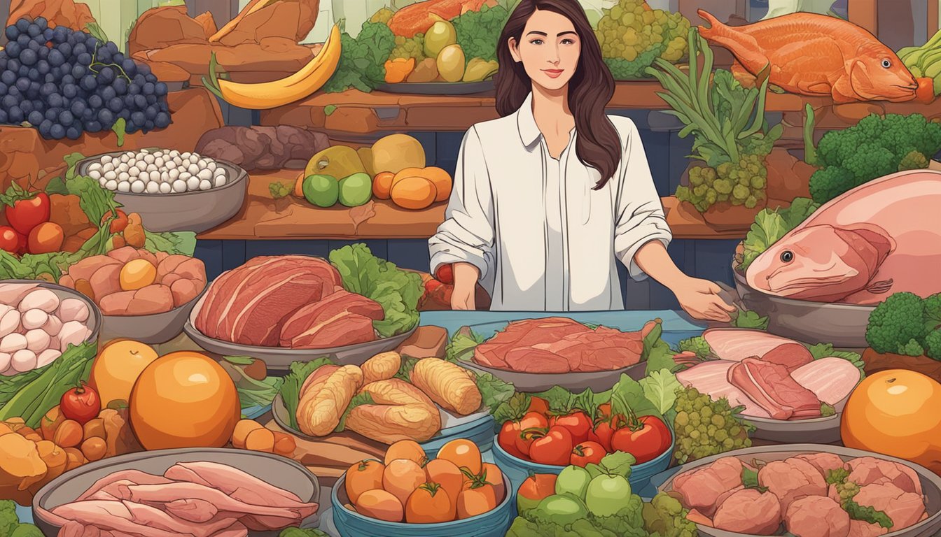 A woman surrounded by various meats, fish, and eggs, with vibrant fruits and vegetables in the background