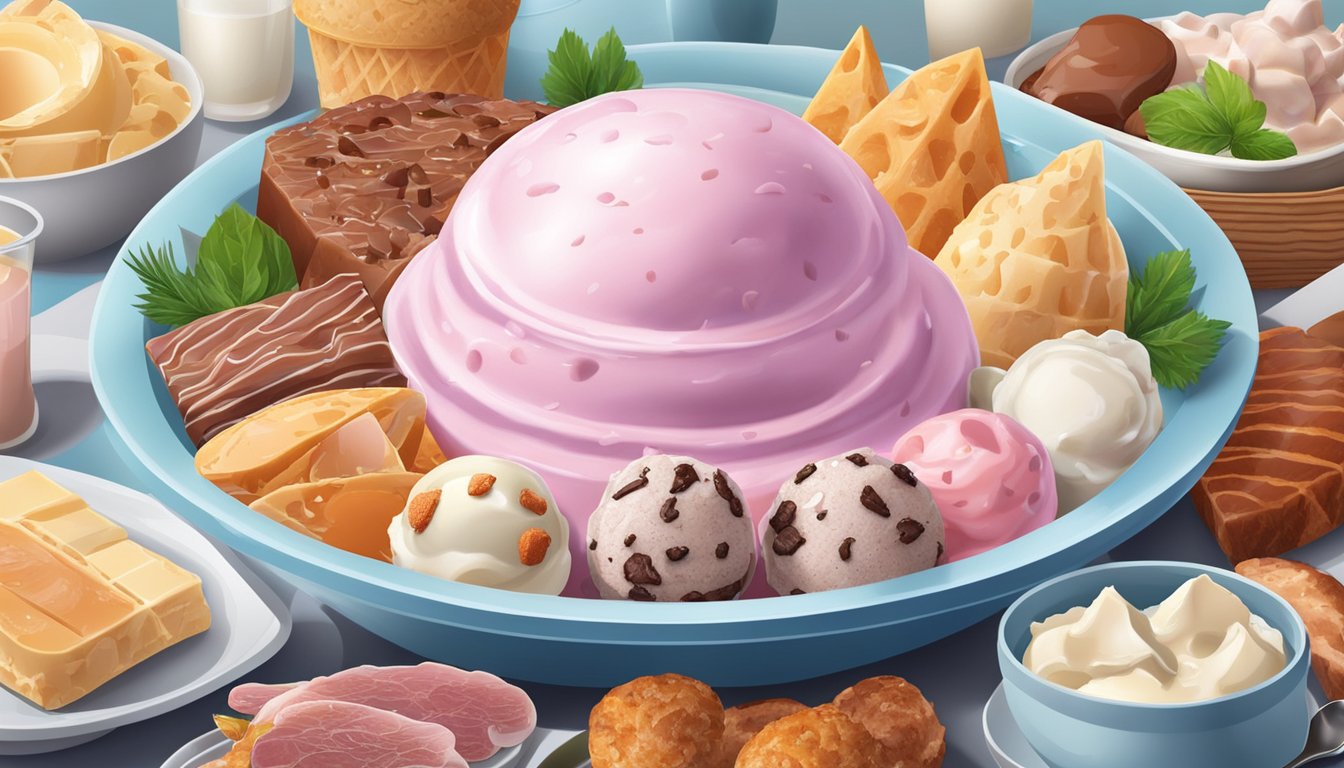 A bowl of ice cream surrounded by a variety of meat, fish, and dairy products on a table