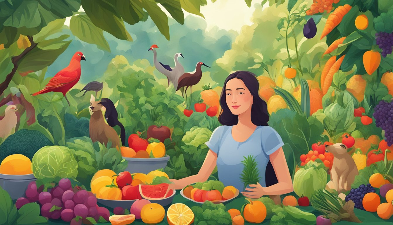 A woman in a lush garden, surrounded by vibrant fruits and vegetables, while a variety of animals peacefully coexist nearby