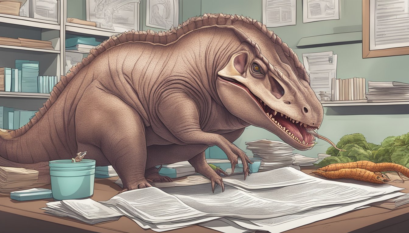 A carnivorous animal devouring a fresh liver with scientific research papers and evidence scattered in the background