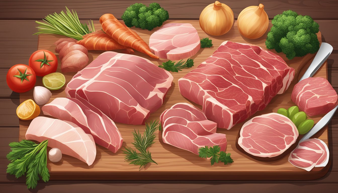 A variety of raw meats arranged on a wooden cutting board, including beef, pork, chicken, and fish