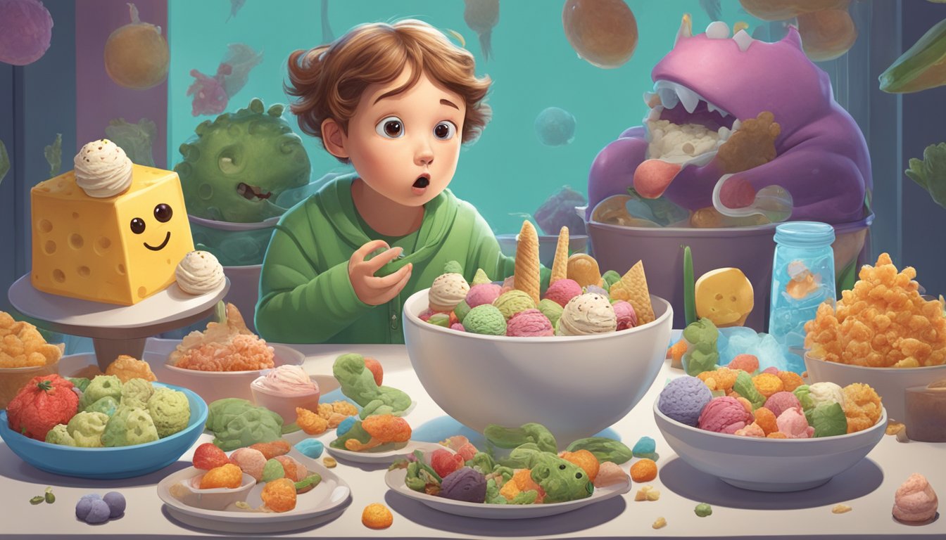 A person sitting at a table, looking at a bowl of ice cream with a puzzled expression, while surrounded by various carnivorous food items