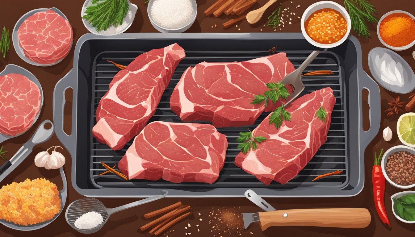 Various cuts of raw meat being seasoned and grilled over an open flame, with a variety of cooking utensils and spices scattered around the kitchen counter