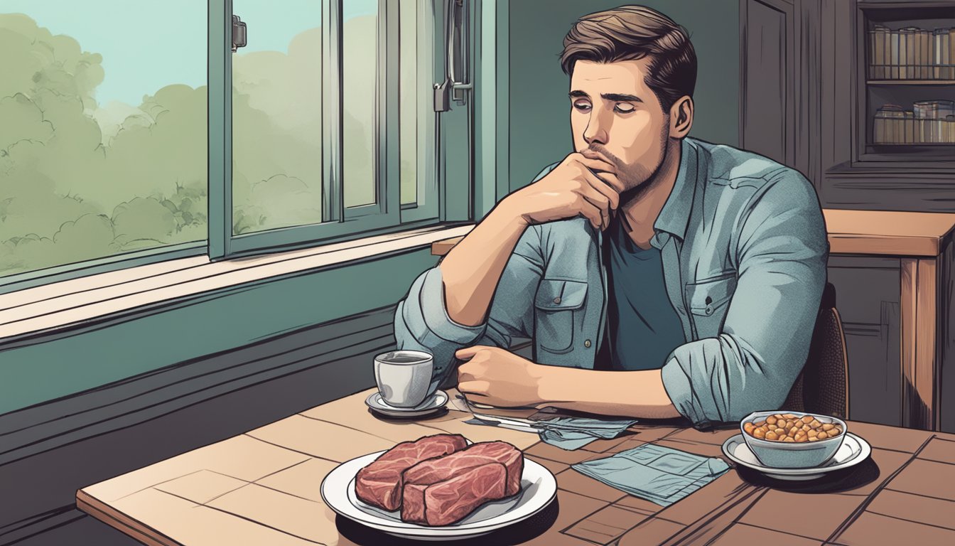 A person sitting at a table with a plate of meat and a pack of gum, looking contemplative