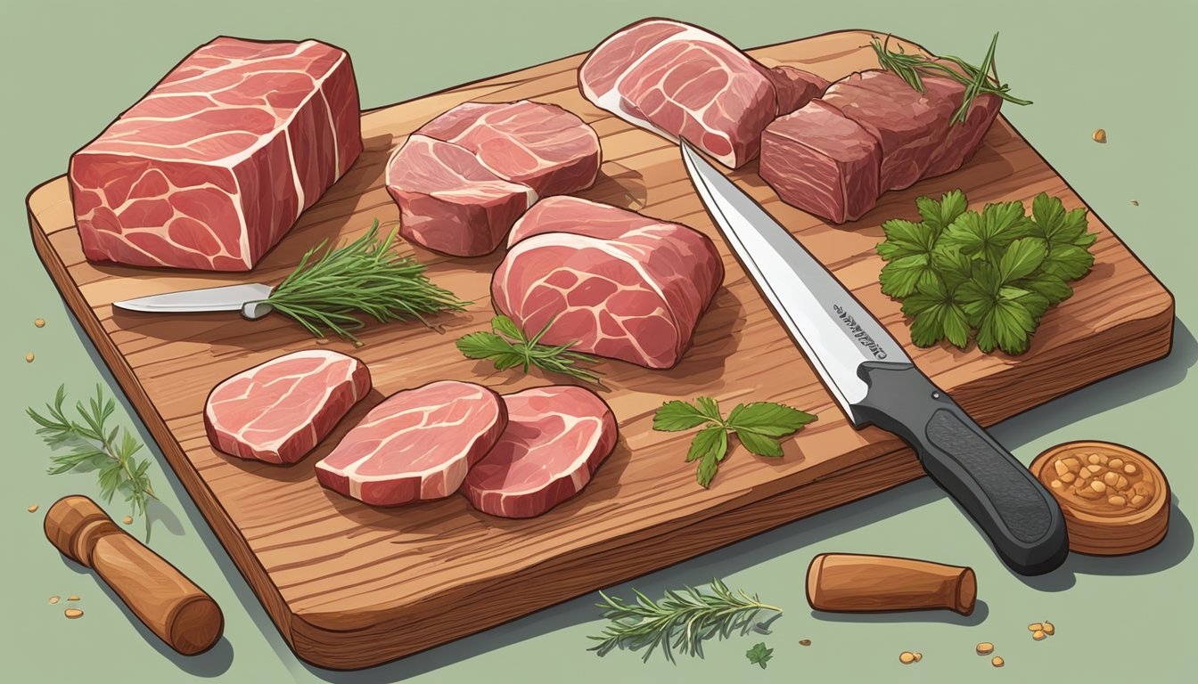 A variety of raw meats arranged on a wooden cutting board with a knife and some herbs scattered around