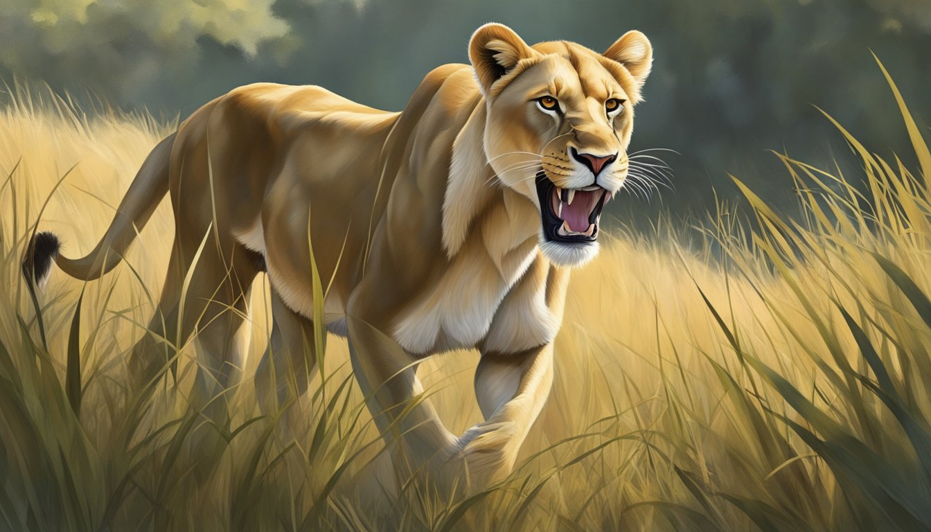 A lioness prowls through tall grass, her powerful muscles rippling beneath her golden coat. In her jaws, she carries a freshly caught antelope, showcasing the strength and vitality of a carnivore diet