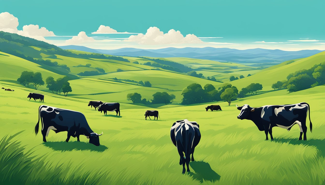 A lush green pasture with grazing cattle, surrounded by rolling hills and clear blue skies