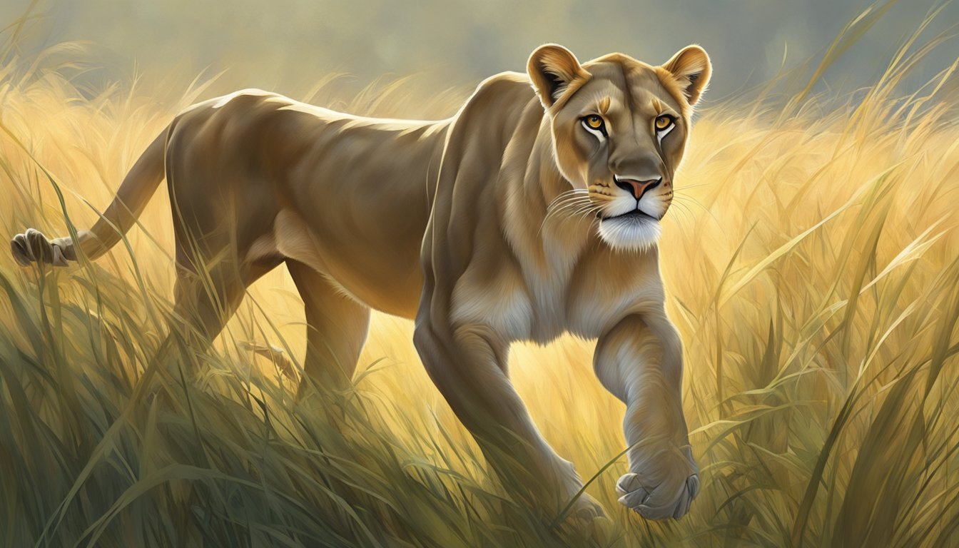 A lioness prowls through a field of tall grass, her powerful muscles rippling beneath her sleek fur. In her mouth, she carries a freshly caught antelope, her sharp canines glistening in the sunlight