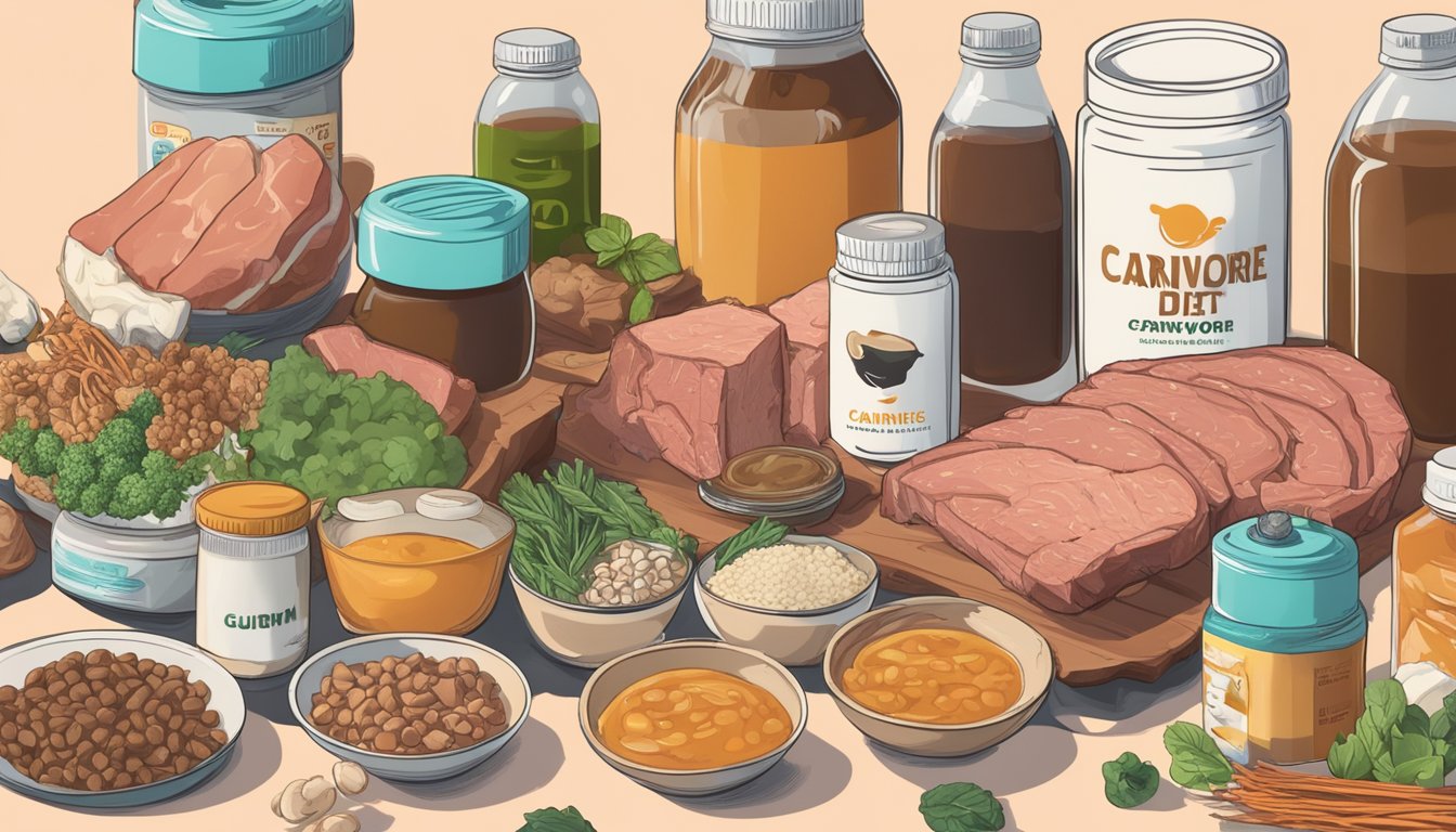 A carnivore diet with a pile of meat and bone broth, surrounded by various supplement bottles and nutrient-rich foods. Gum is being chewed in the background