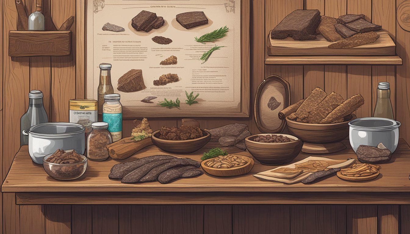 A rustic wooden table displays biltong and jerky alongside historical artifacts. A chart on the wall shows the evolution of the carnivore diet