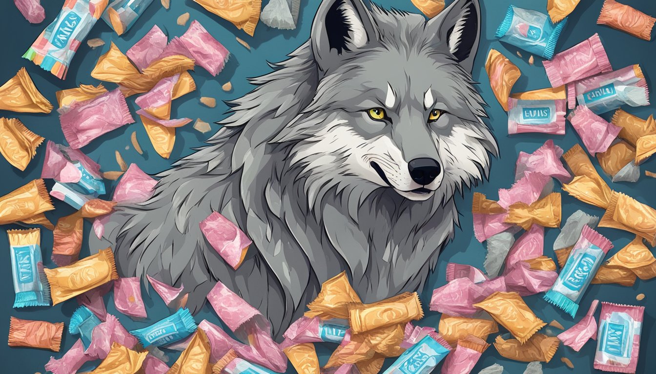 A wolf surrounded by chewed gum wrappers and discarded gum, with a sign reading "Carnivore Diet" in the background