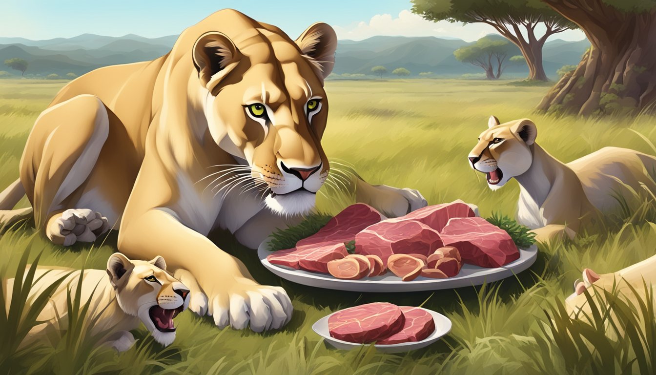 A lioness consuming a variety of raw meat, bones, and organs in a natural, grassy savannah setting