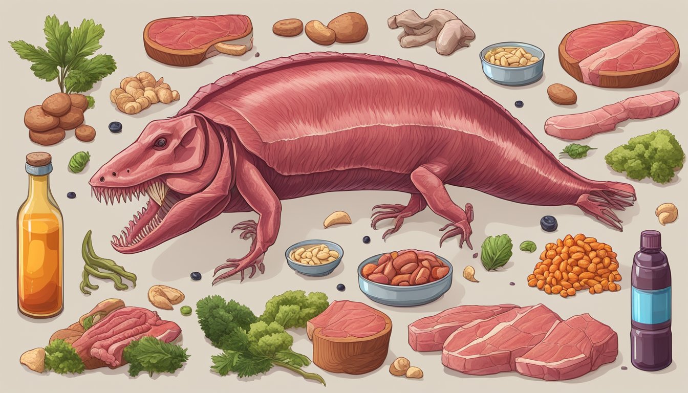 A carnivorous animal surrounded by various types of raw meat, bones, and organs, with a bottle of high-quality multivitamins placed nearby