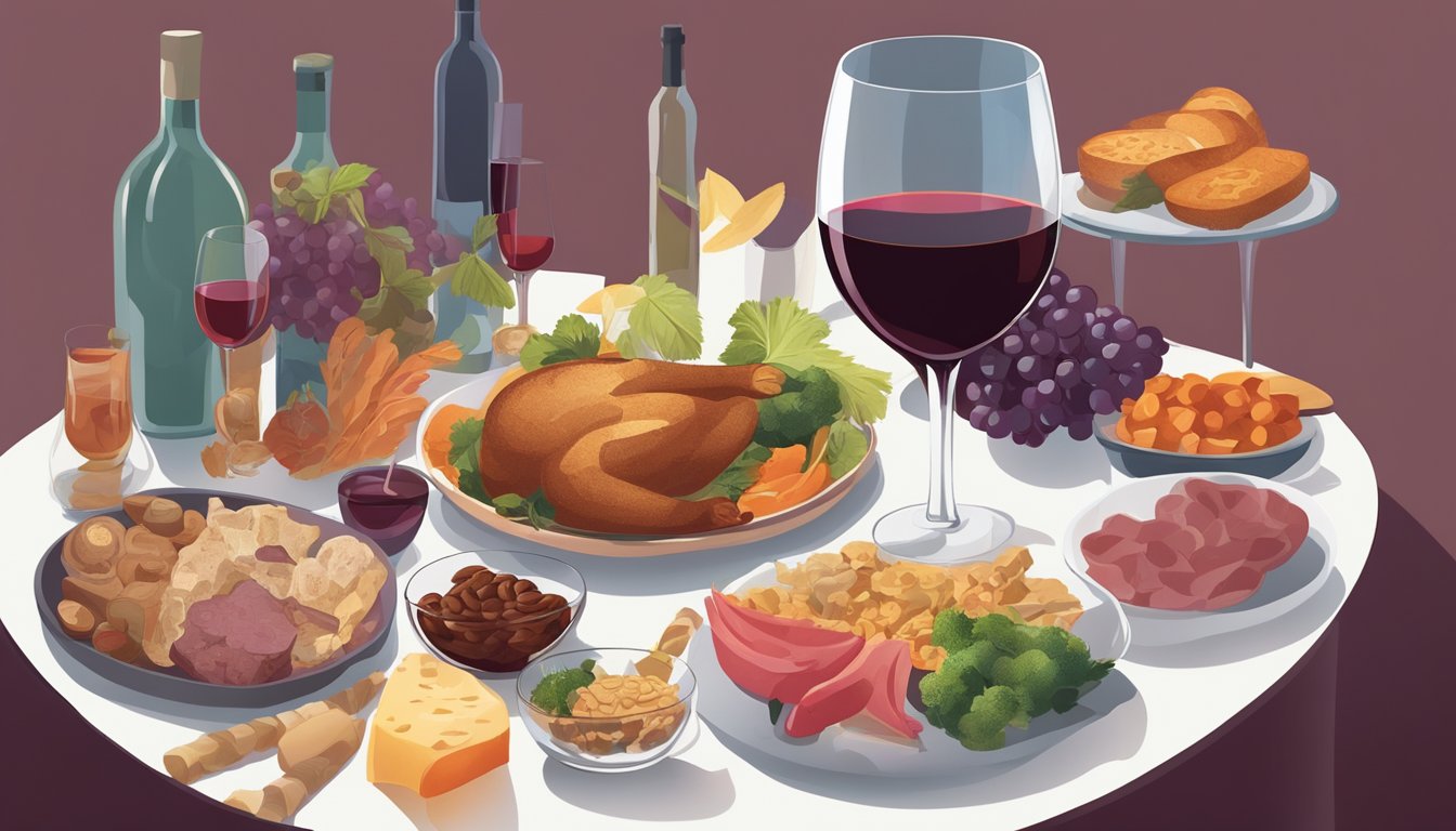 A glass of red wine surrounded by various animal-based foods, with a silhouette of a human body in the background