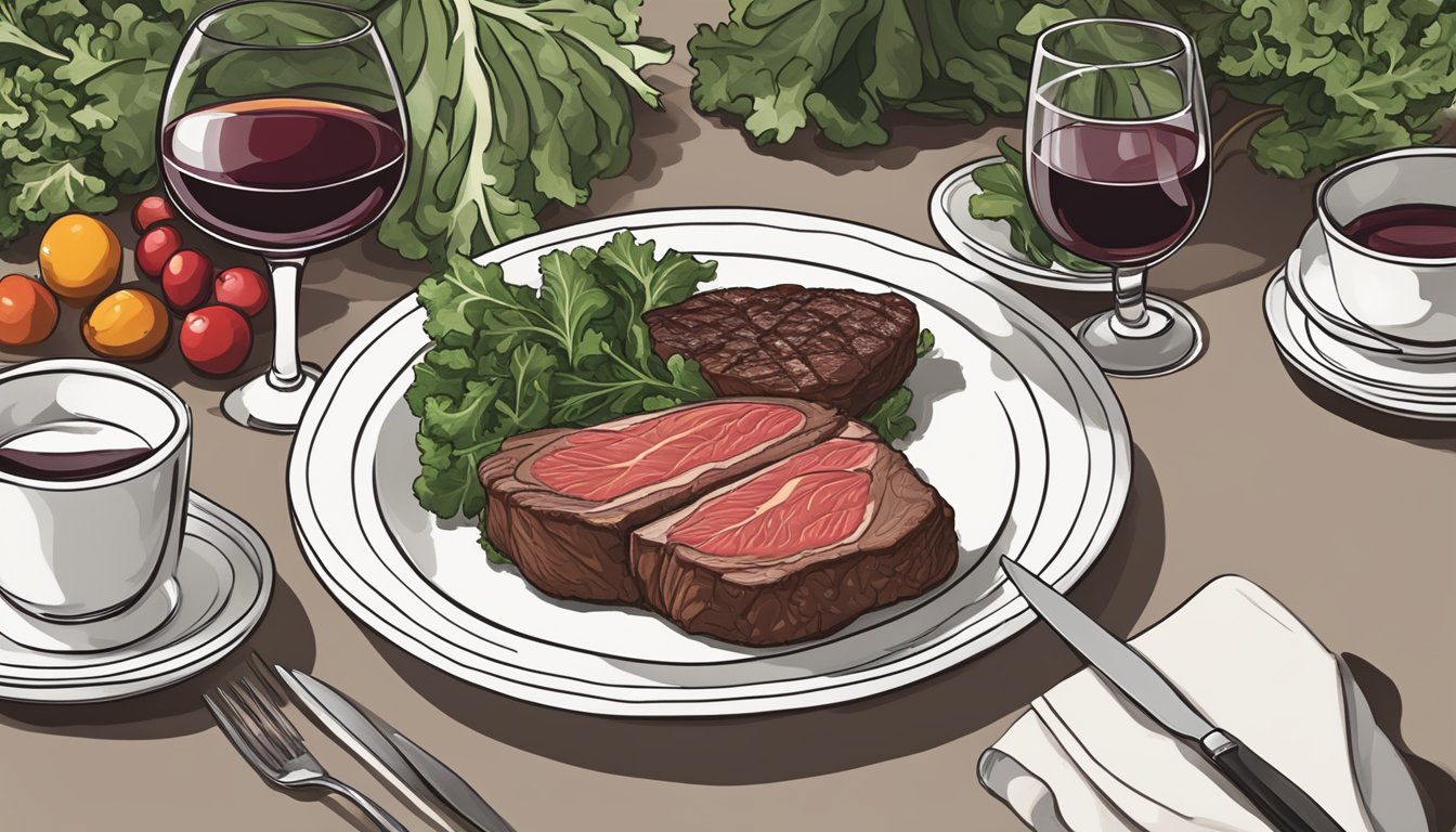 A dinner table set with a juicy steak, a glass of red wine, and a plate of leafy greens, emphasizing the debate over alcohol's place in the carnivore diet