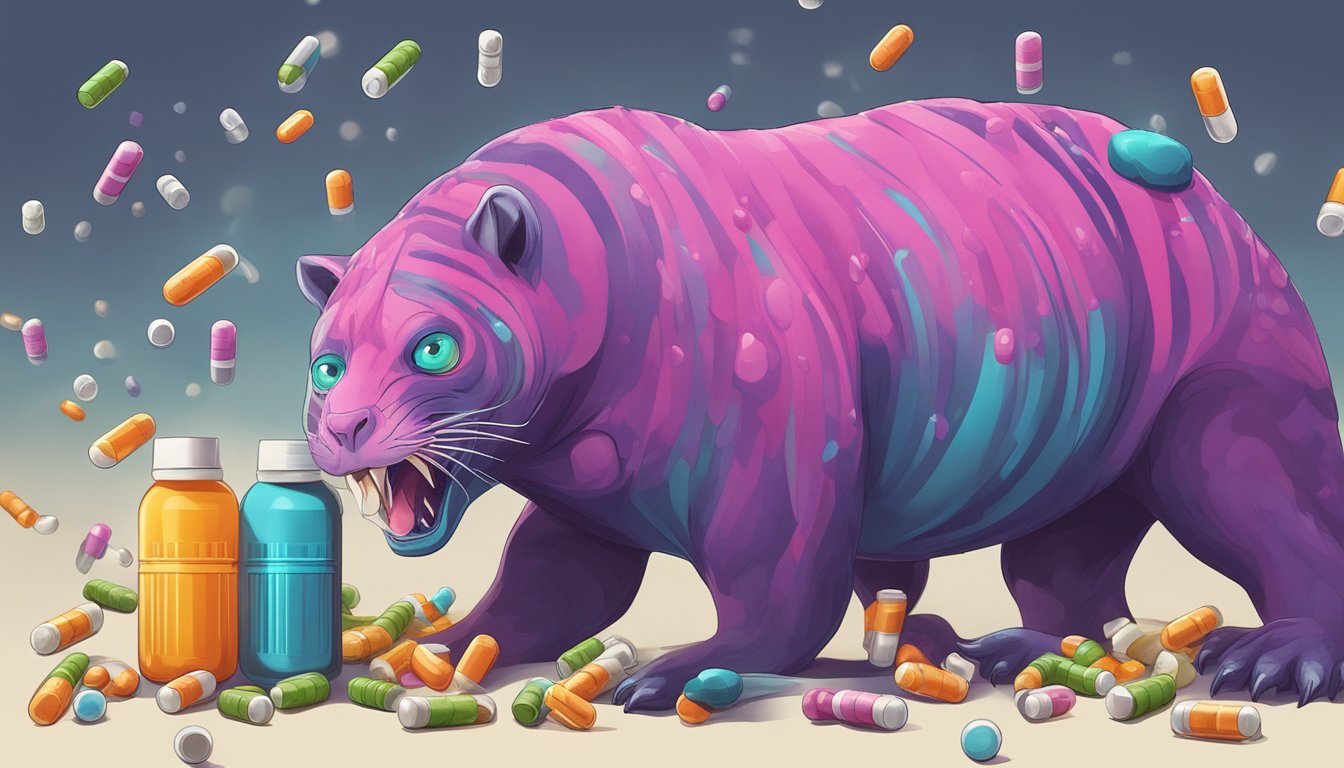 A carnivorous animal surrounded by caffeine pills, with a clear focus on the pills