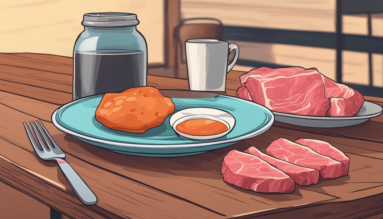 A bottle of caffeine pills sits next to a plate of raw meat on a wooden table