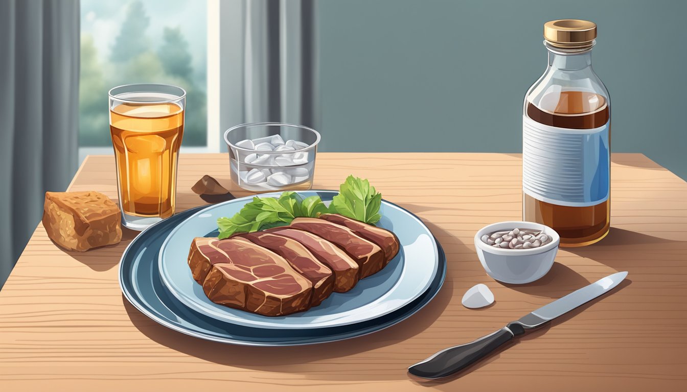 A table with a plate of meat, a bottle of caffeine pills, and a glass of water