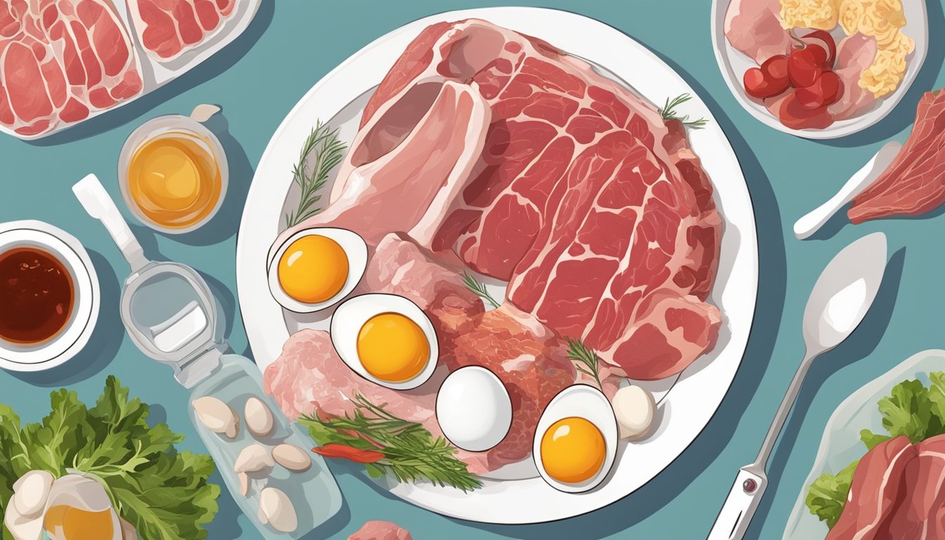 A plate with raw meat, eggs, and animal fats, surrounded by bones and organs, with a blood glucose monitor and a person feeling weak and shaky