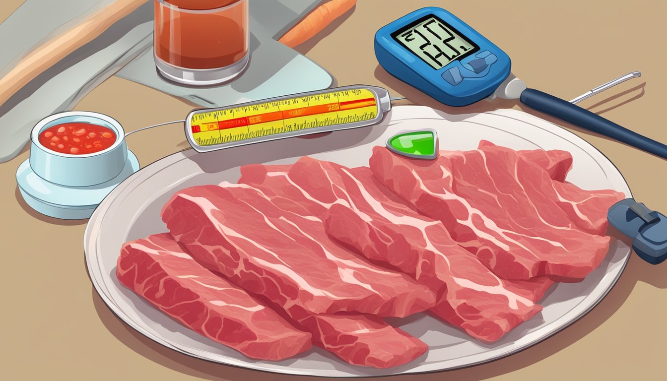 A plate of raw meat with a blood-like sauce, a glucose meter reading low, and a warning sign