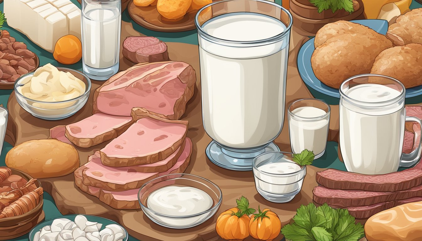 A glass of whole milk surrounded by various meats and animal products