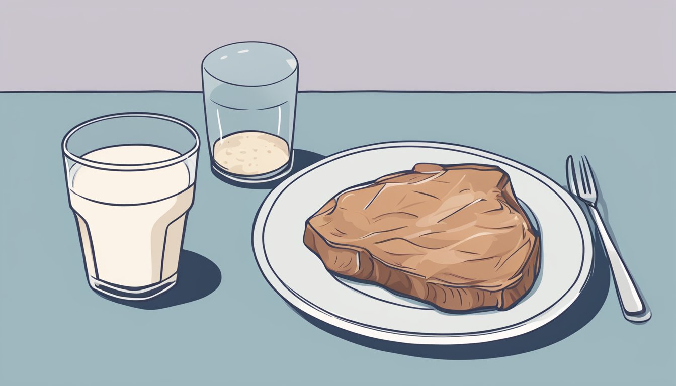 A glass of almond milk sits next to a plate of meat, emphasizing the question of whether it is compatible with the carnivore diet