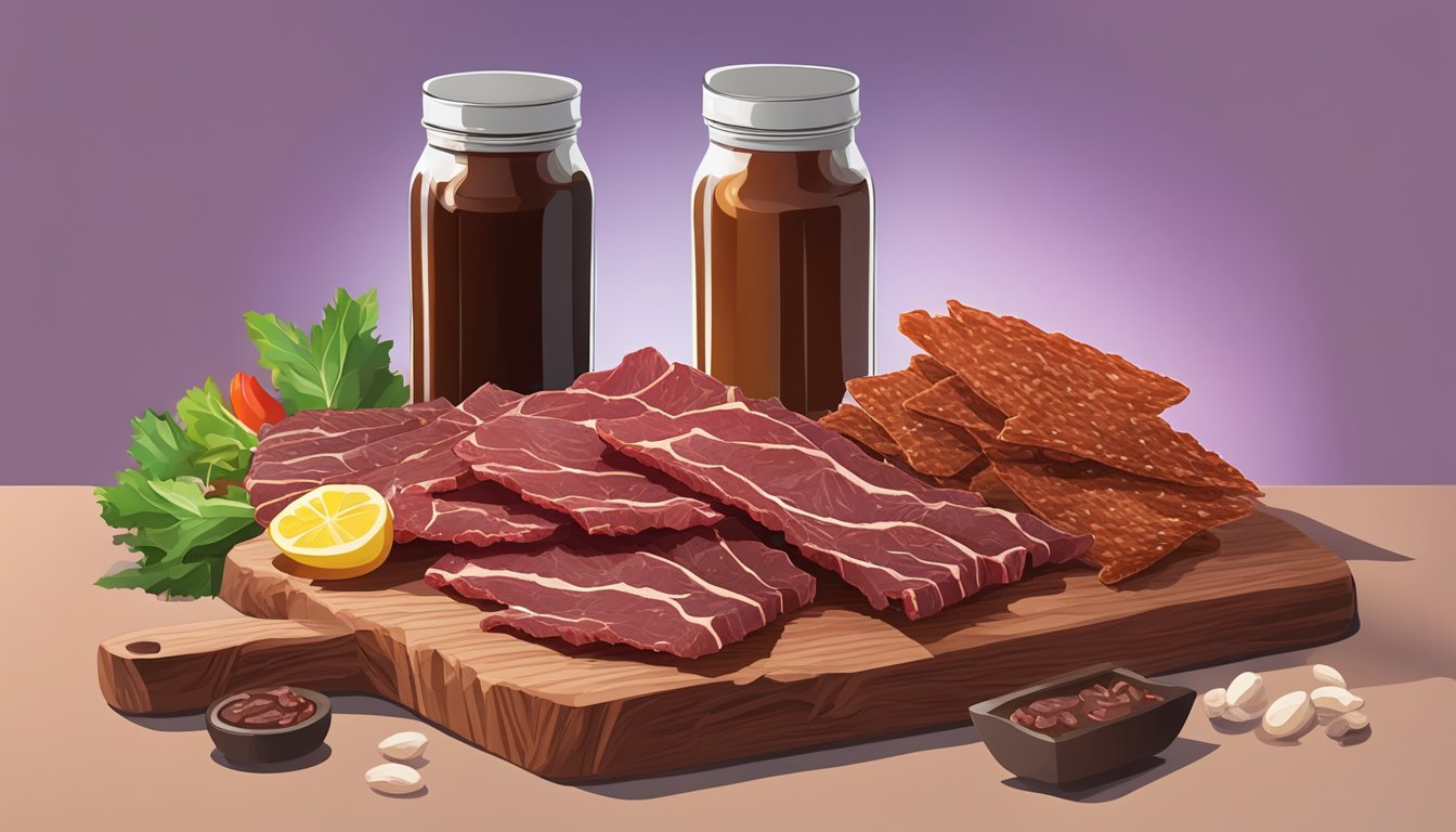 A pile of beef jerky sits on a wooden cutting board, surrounded by various meats and animal products