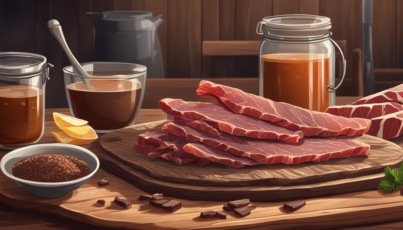 A pile of beef jerky on a wooden cutting board, surrounded by whole cuts of raw meat and bone broth in a rustic kitchen setting