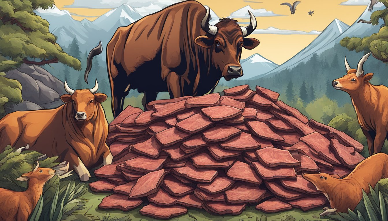 A pile of beef jerky surrounded by carnivorous animals