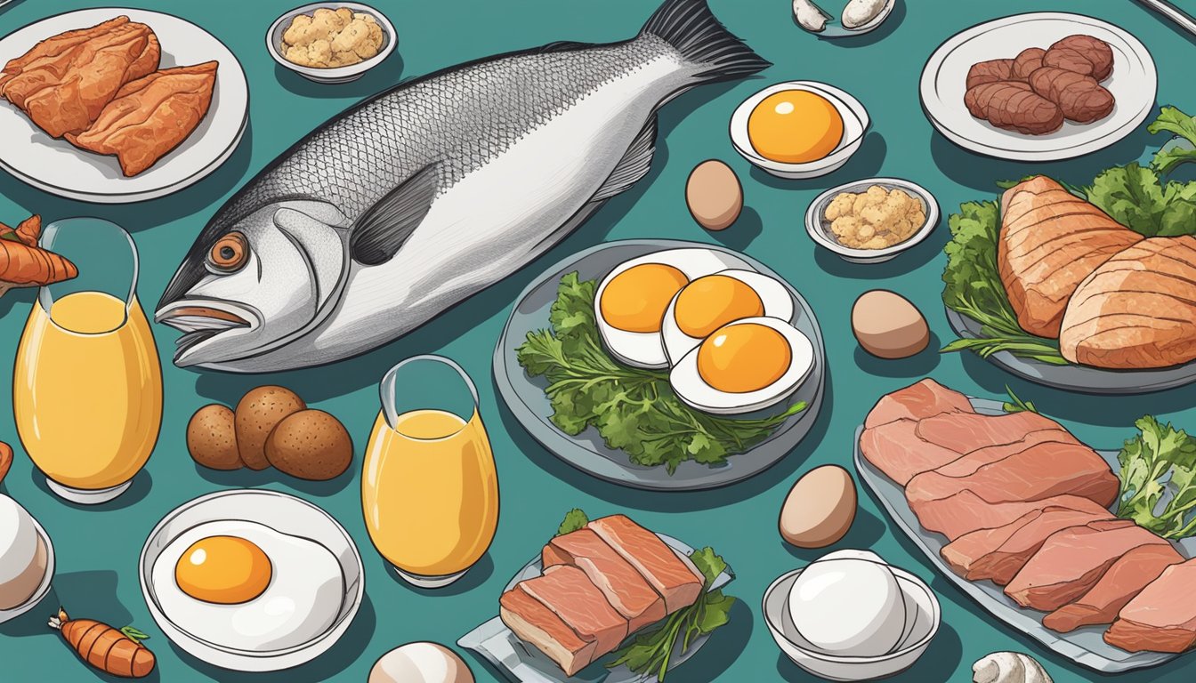 A variety of meats, fish, and eggs arranged on a table with a question mark hovering above them