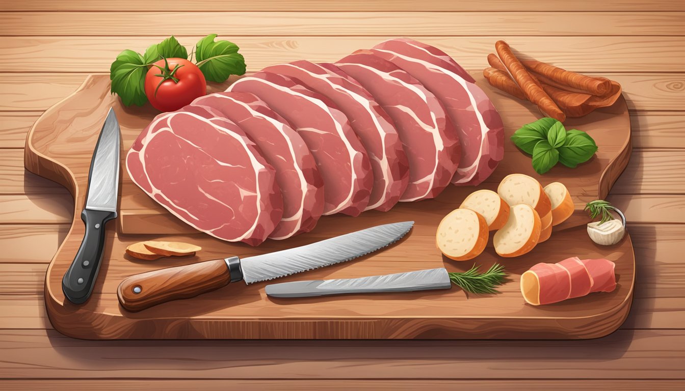 A variety of deli meats arranged on a wooden cutting board, surrounded by sharp knives and a rustic kitchen backdrop