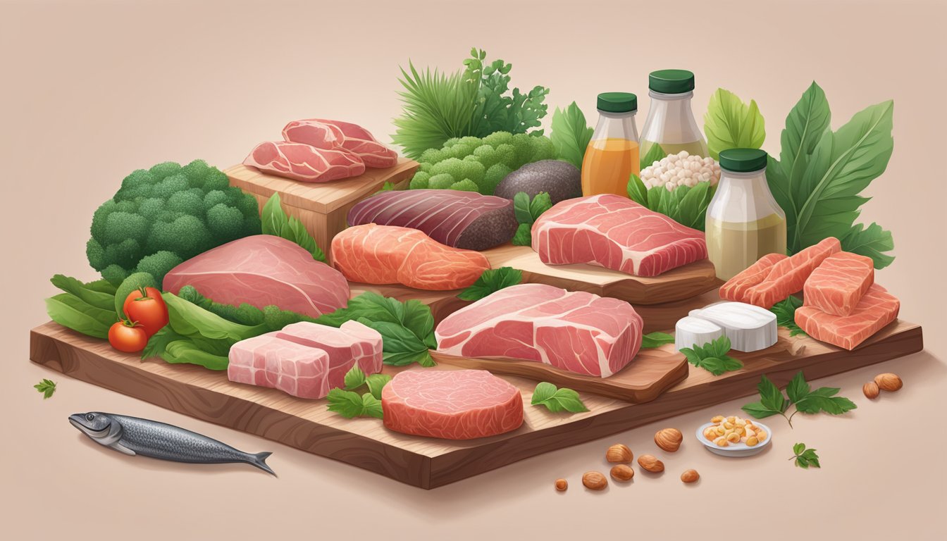 A variety of fresh, raw meats and animal products arranged on a table, surrounded by lush greenery and sustainable packaging