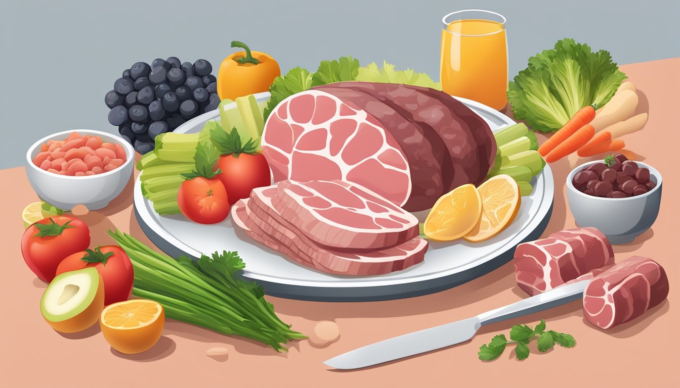 A plate with assorted deli meats surrounded by fresh vegetables and fruits, with a nutritional chart in the background