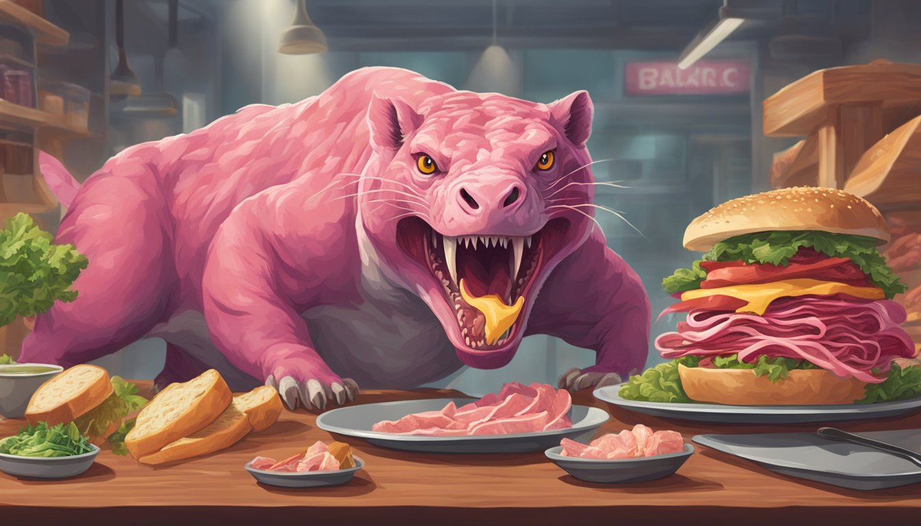 A carnivorous animal devouring deli meat while being observed by critics and surrounded by controversy