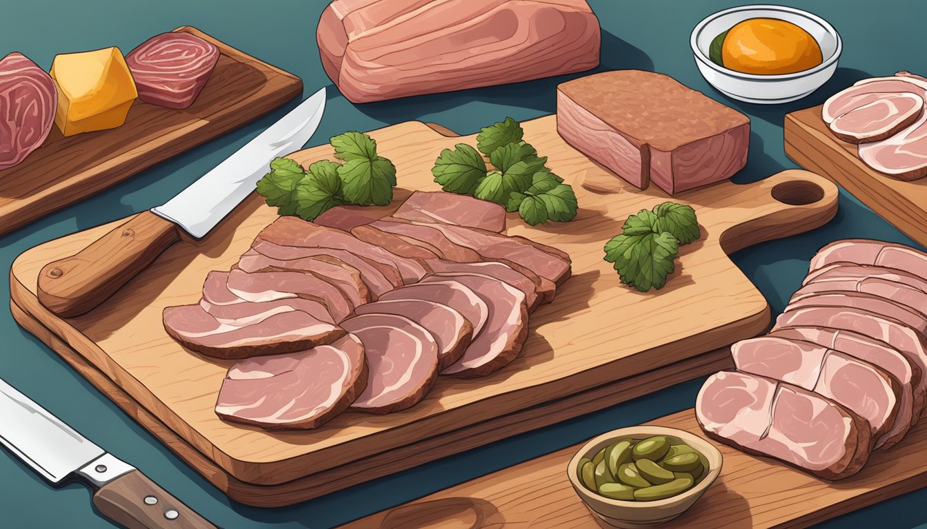 A carnivore diet with deli meat: a plate with assorted sliced meats, a knife, and a cutting board on a kitchen counter