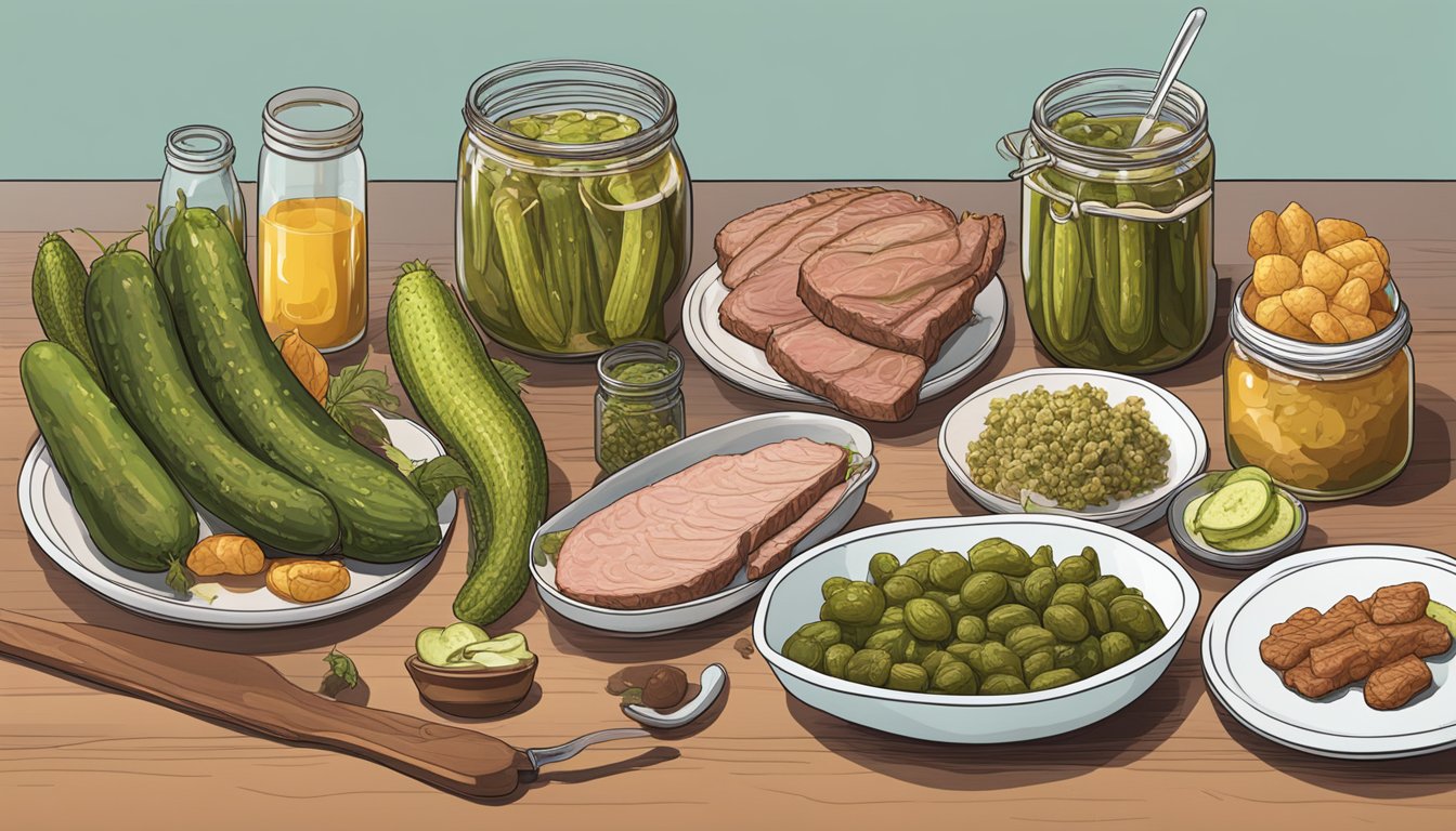 A jar of pickle juice sits next to a plate of meat, surrounded by various carnivorous foods