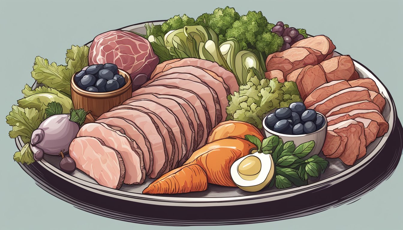 A plate with assorted deli meats surrounded by vegetables and fruits, with a sign reading "Carnivore Diet" above it